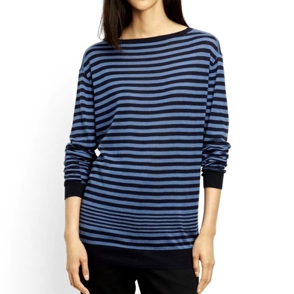 Vince Ribbed Striped Cashmere Boat Neck Sweater Black and Blue Size M - Picture 1 of 8